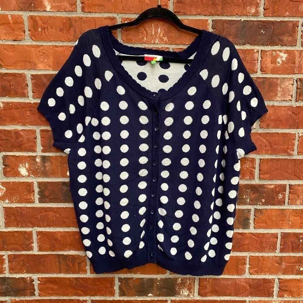 Fervour Womens 3X Navy Blue Polka Dot Scallop Trim Cardigan Sweater